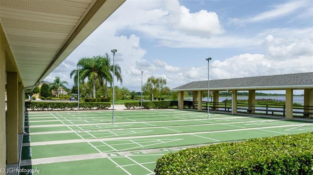 The main clubhouse grounds have lighted shuffleboard courts. The outdoor basketball court is on the other side.