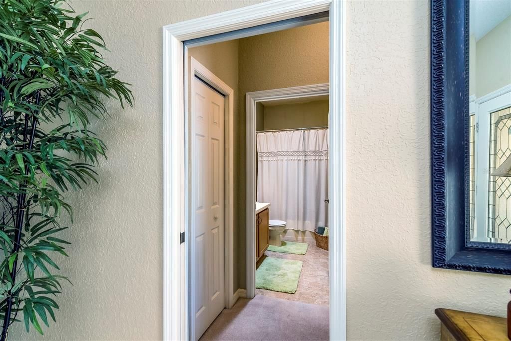 The handy pocket door can be used to isolate the entire guest wing from the rest of the home. The linen closet door in on the left. The guest bath is straight ahead.