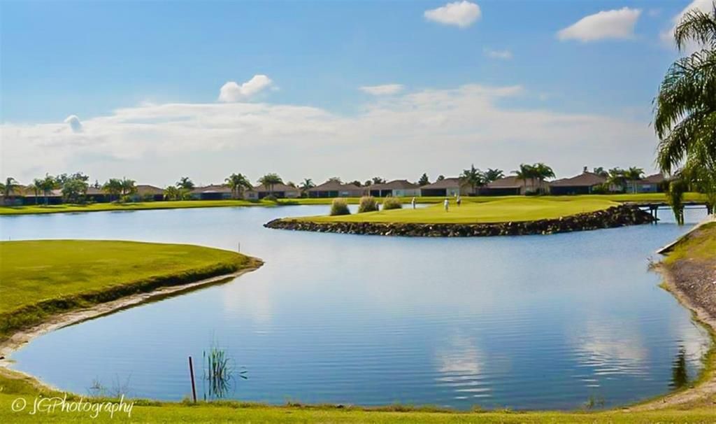 Lake Ashton has 2 private par 70 golf courses that only Lake Ashton residents can join. This is the par 4 11th hole on the East Course that requires a second shot to an island green. 2 fun courses that challenge golfers of any skill level.