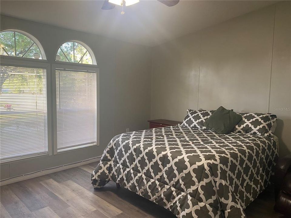 This home has a split bedroom plan.  The master is on one side of the living room and the 2 guest bedrooms are located on the other side of the home near the dining room.