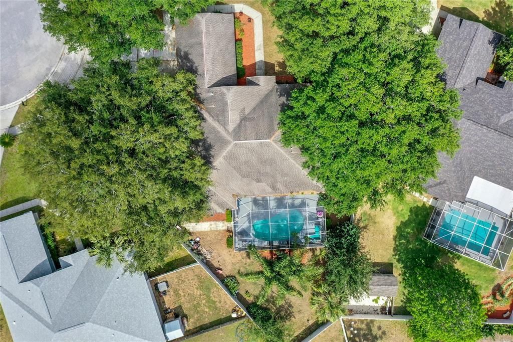 Aerial view - nicely landscaped back yard, house surrounded by mature oak trees