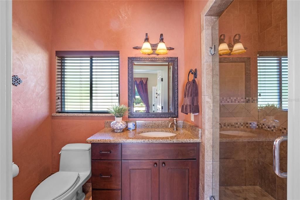 Powder room with clay paint and modern fixtures