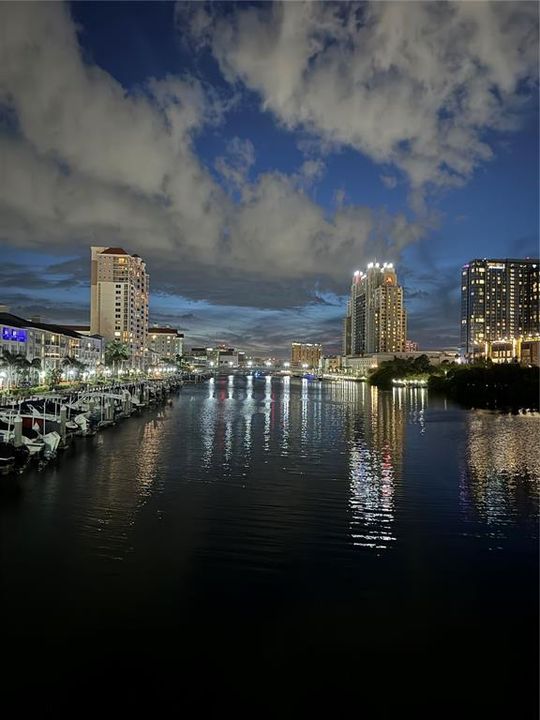 Garrison Channel at night, shot from one of the Harbour Island bridges. The Grandview is on the left.