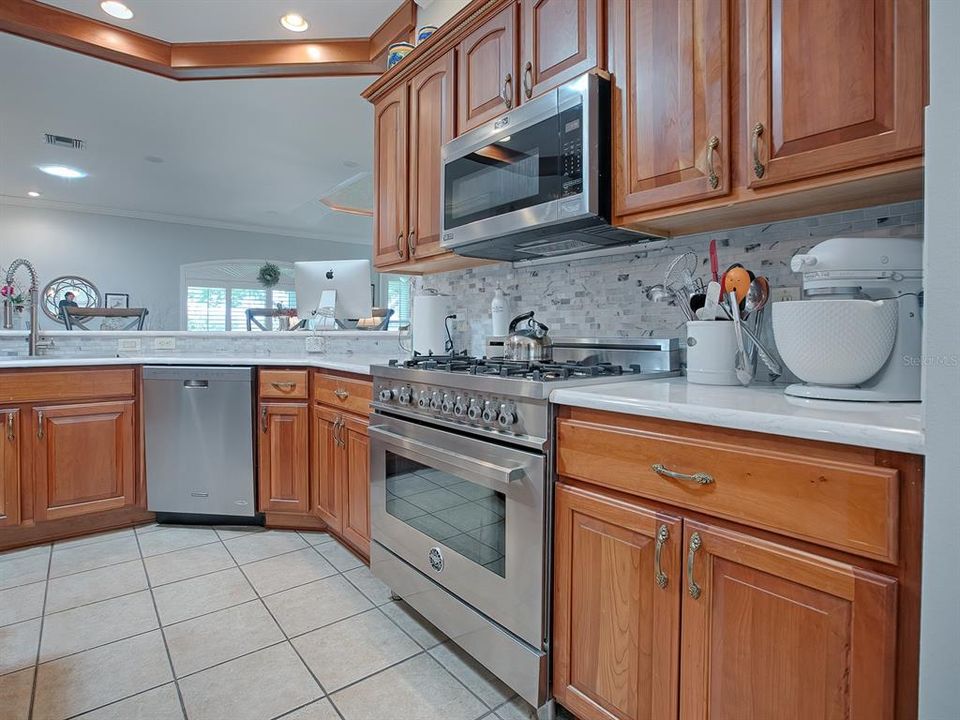Quarts counters, tile flooring, stainless steel appliances