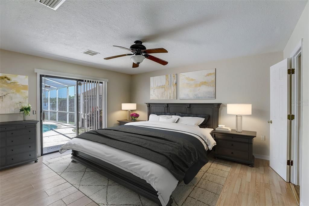 Ideal SPLIT BEDROOMS deliver a generous PRIMARY SUITE with its own access to the pool via sliding glass doors, a WALK-IN CLOSET and private en-suite bath. Virtually Staged.