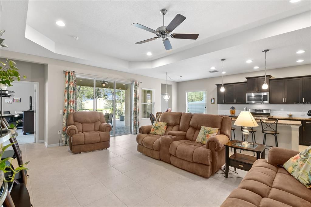 Great room with soaring tray ceilings