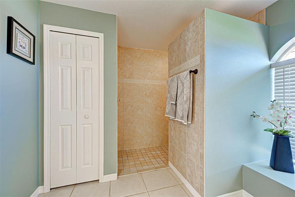 The linen closet is in the bathroom and, the best part, a walk in shower with no messy glass to keep clean.