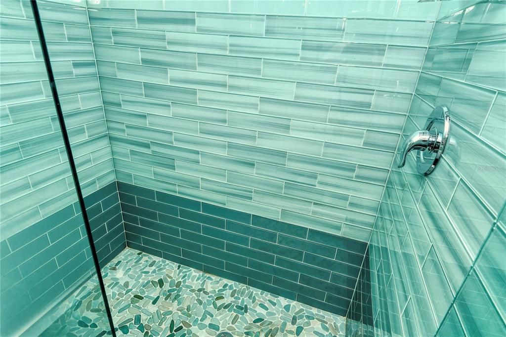 Close up of primary bath shower tiles
