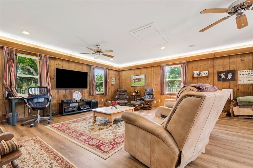 The original 2-car garage was converted into a great family room . . .