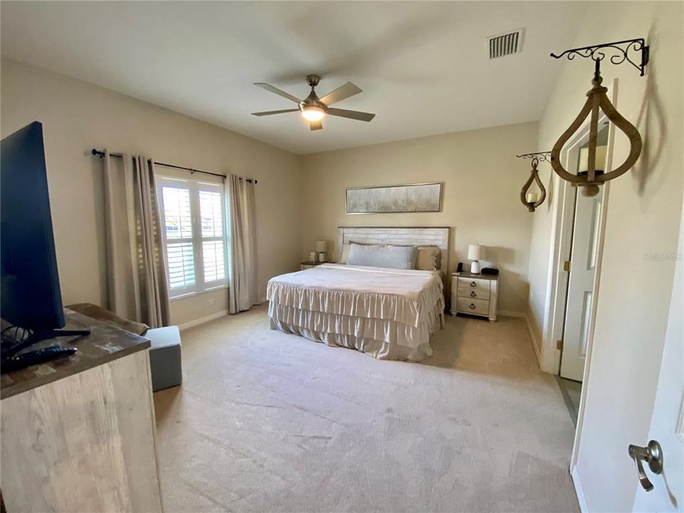 Master Bedroom with ceiling fan, large window and lush carpet