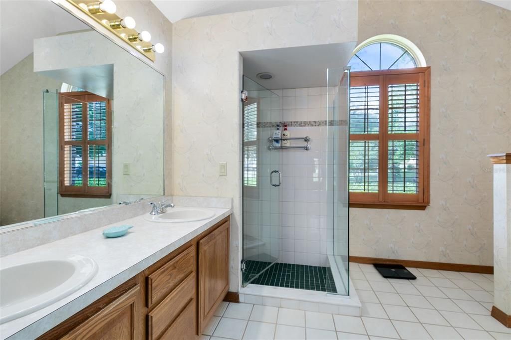 The master bath features dual sinks and a shower.