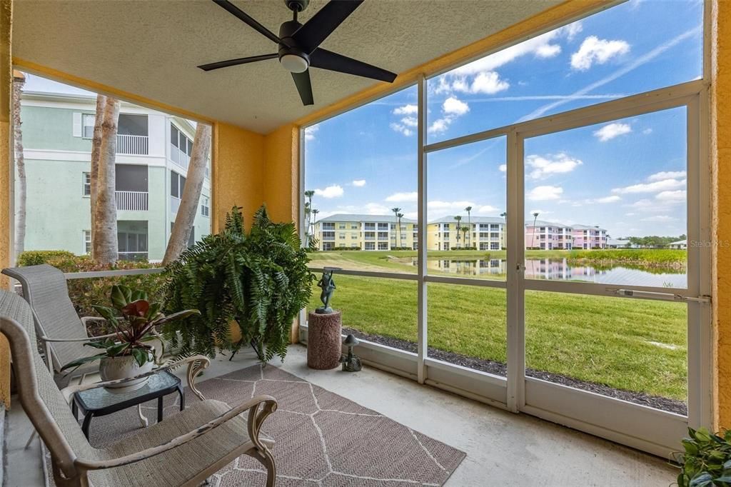 Lanai is oversized on the 1st floor with a feel of being an end unit with the side screen. It has a ceiling fan for extra breeze, with amazing views of the lake.