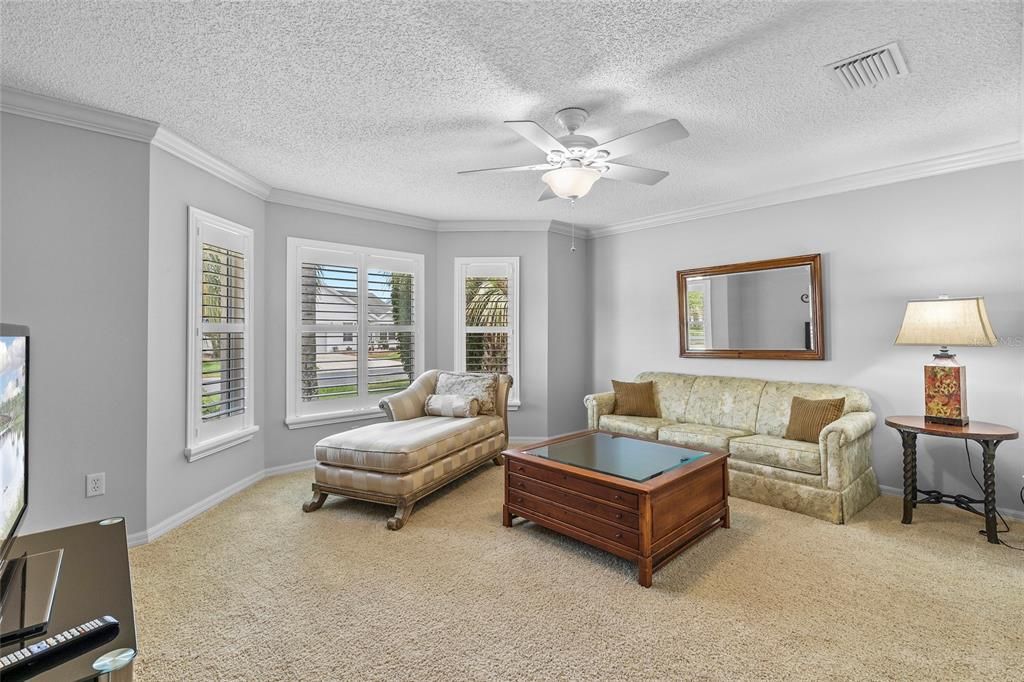 2nd bedroom in front of home with bay window, plantation shutters, crown molding and plush carpet.  currently used as a den, has a closet.