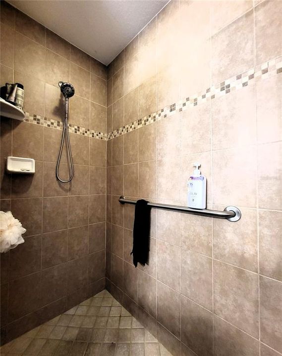 All tile, shelves, and adjustable shower head.