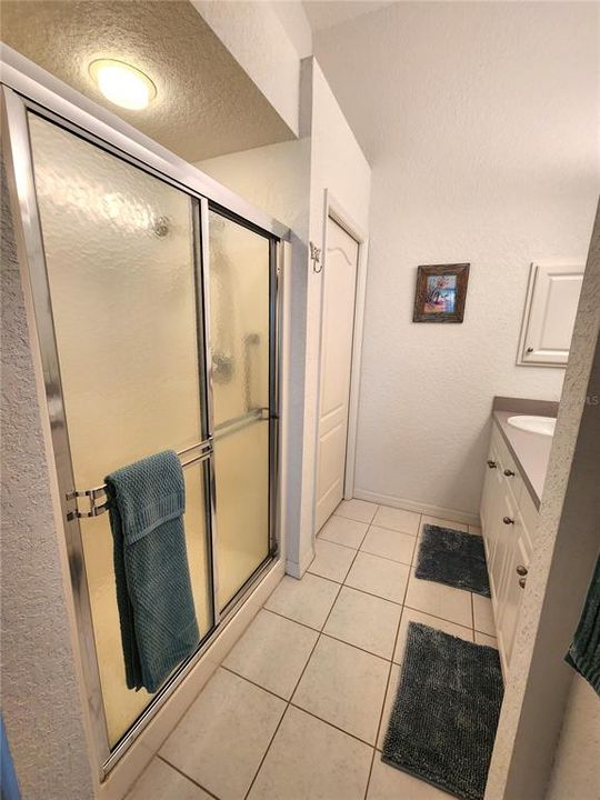 Shower has built in seat.