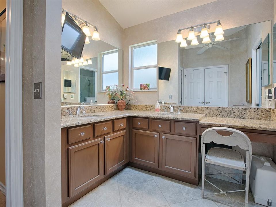 GRANITE COUNTERS, A VANITY, AND WALL MOUNTED TV!