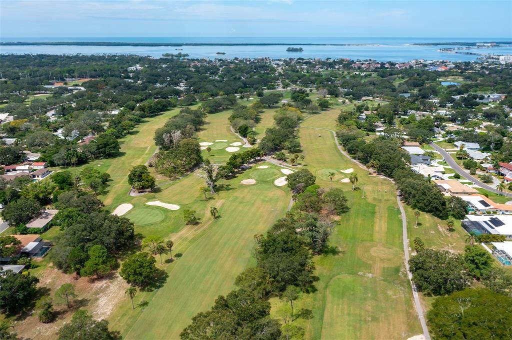 Aerial view of the front 9 of the Donald Ross designed Dunedin Golf Club.   This photo was before the start of the renovations that are currently underway - projected completion FALL 2024.   This rental home is not quite visible in this shot.