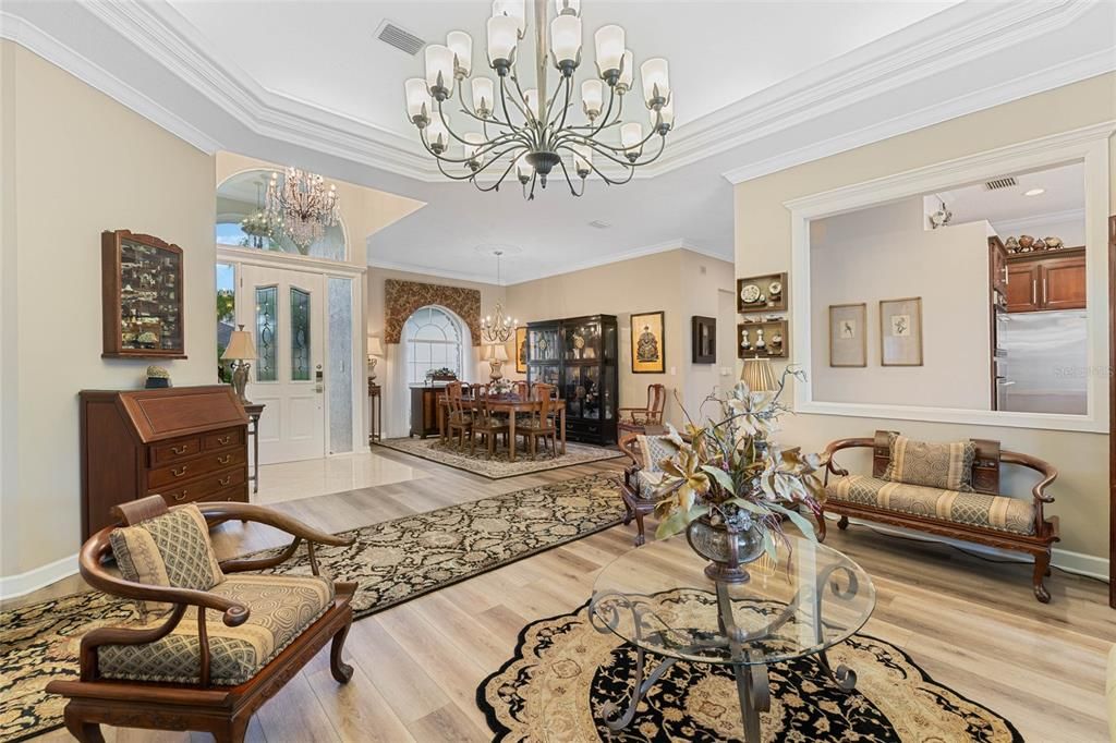 Living Room with Beautiful Lighted Tray Ceiling