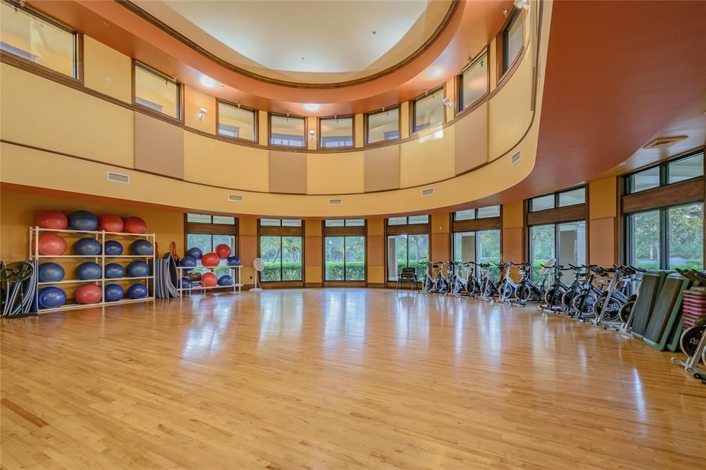 The country club's workout room. The indoor soft-walking track is on the second floortrack