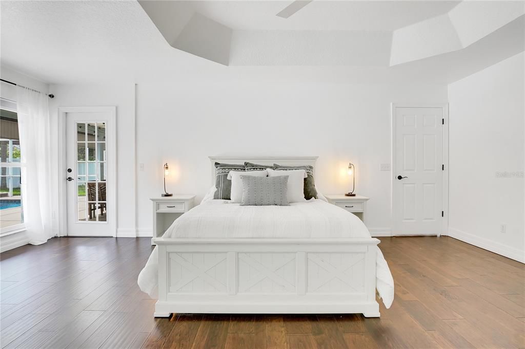Spacious bedroom with tray ceilings.