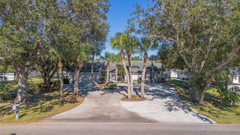 OAKS AND PALM TREES LINE THIS CIRCULAR DRIVE