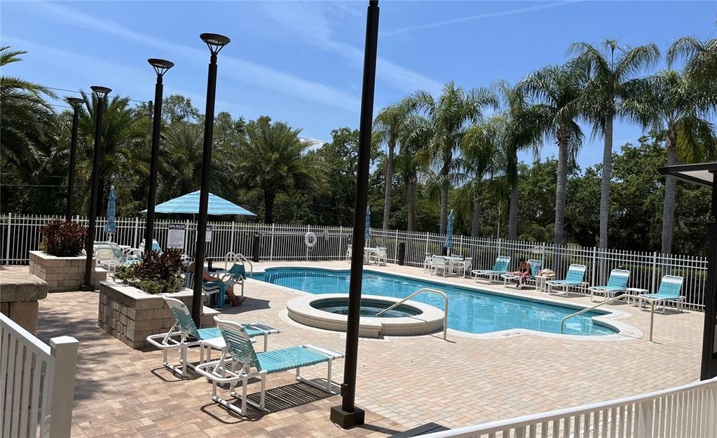 Clubhouse with heated pool,  spa, paver brick patio covering, lighting and gorgeous Palm Trees.