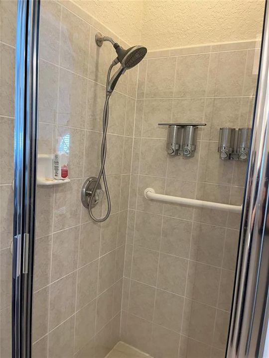 Master Bath Shower with glass door, soap and other dispensers on wall.  Also, towel rack and hand rail.