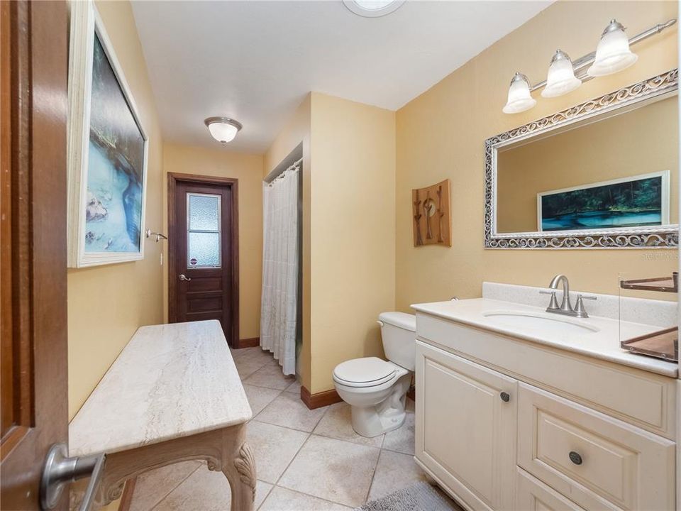 Full guest bathroom with two entries.