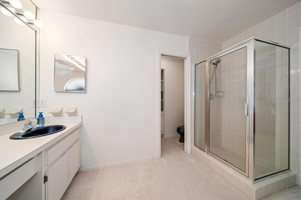 Glassed in shower in like-new condition & private water closet with linen storage~