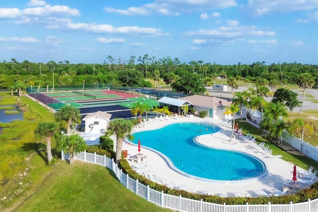 Heated pool, tennis, bocce, shuffleboard, club house