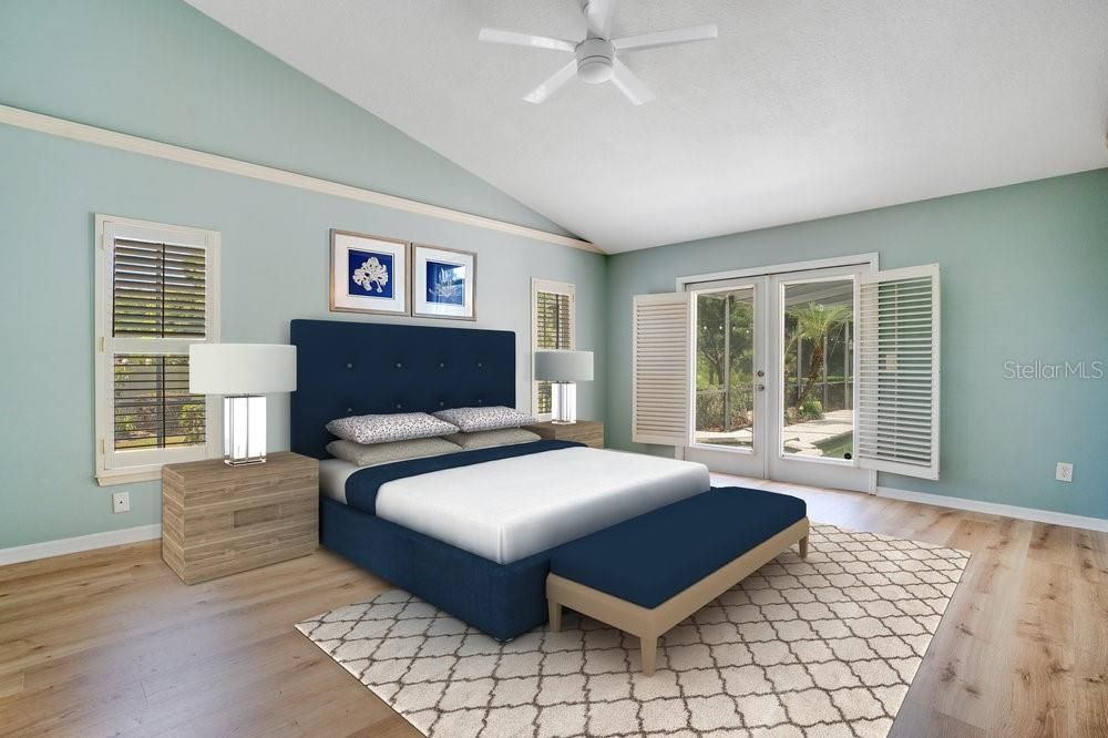 Master Bedroom w/ LV flooring,  French doors and plantation shutters