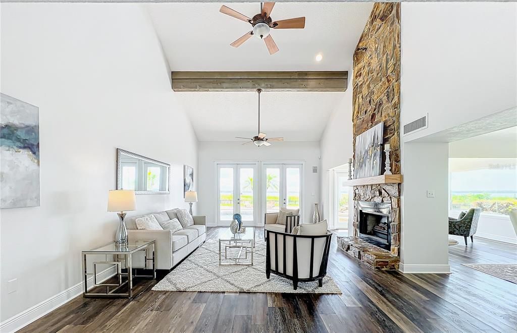 Wood burning flagstone fireplace in the greatroom.