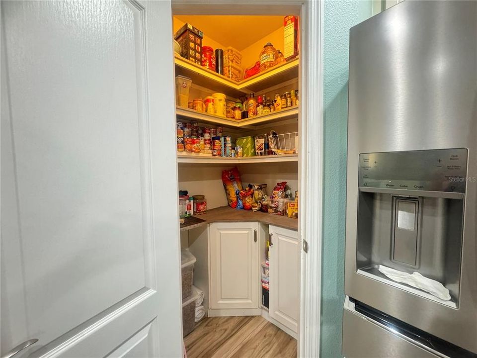 Custom walk-in pantry with wood top & cabinets