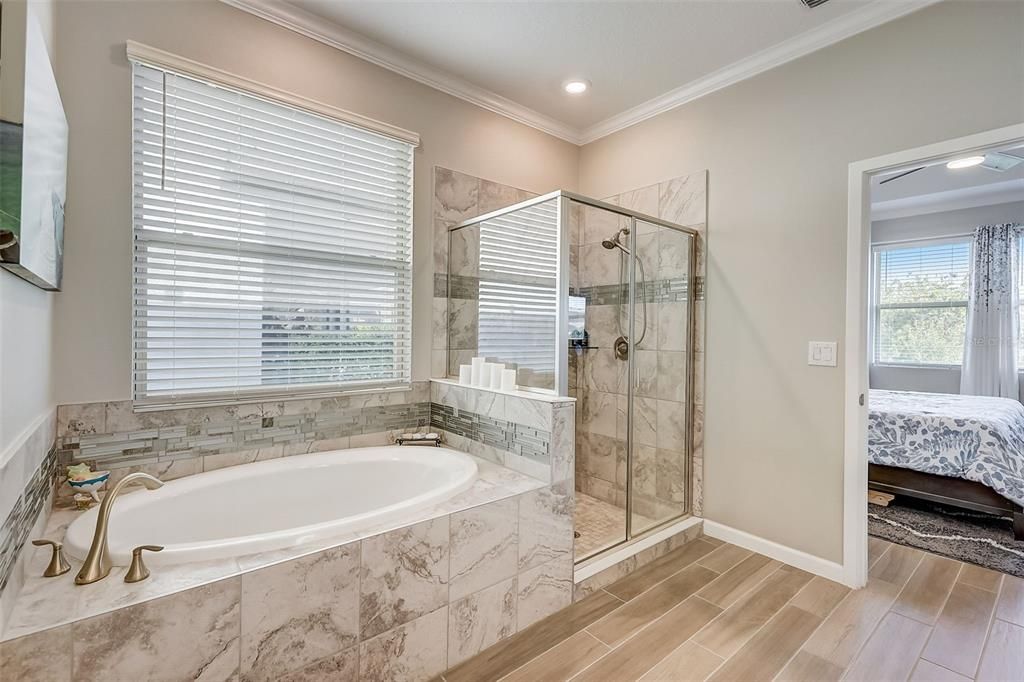Relaxing tub, don't miss the crown molding in here as well!