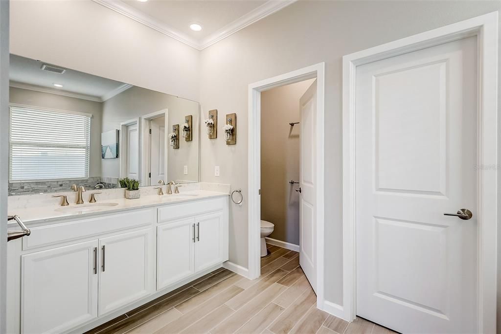Primary en-suite bath. Dual vanity, walk in closet, water closet & more