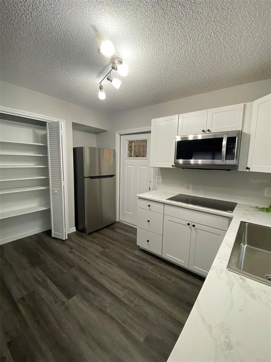 Guest - In-Law Apartment. Has private entrance. Living, Dining, Kitchen combo layout. Kitchen has stovetop, microwave, refrigerator, large pantry, deep sink.