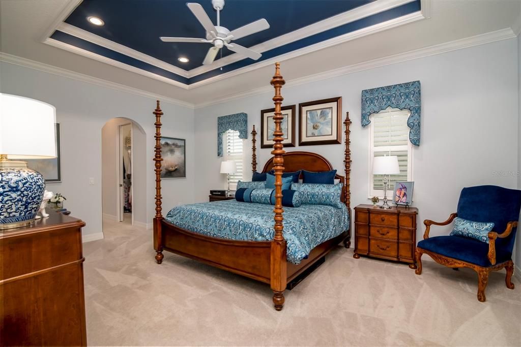 The master bedroom has a tray ceiling, quality carpeting, plantation shutters, and ceiling fan.