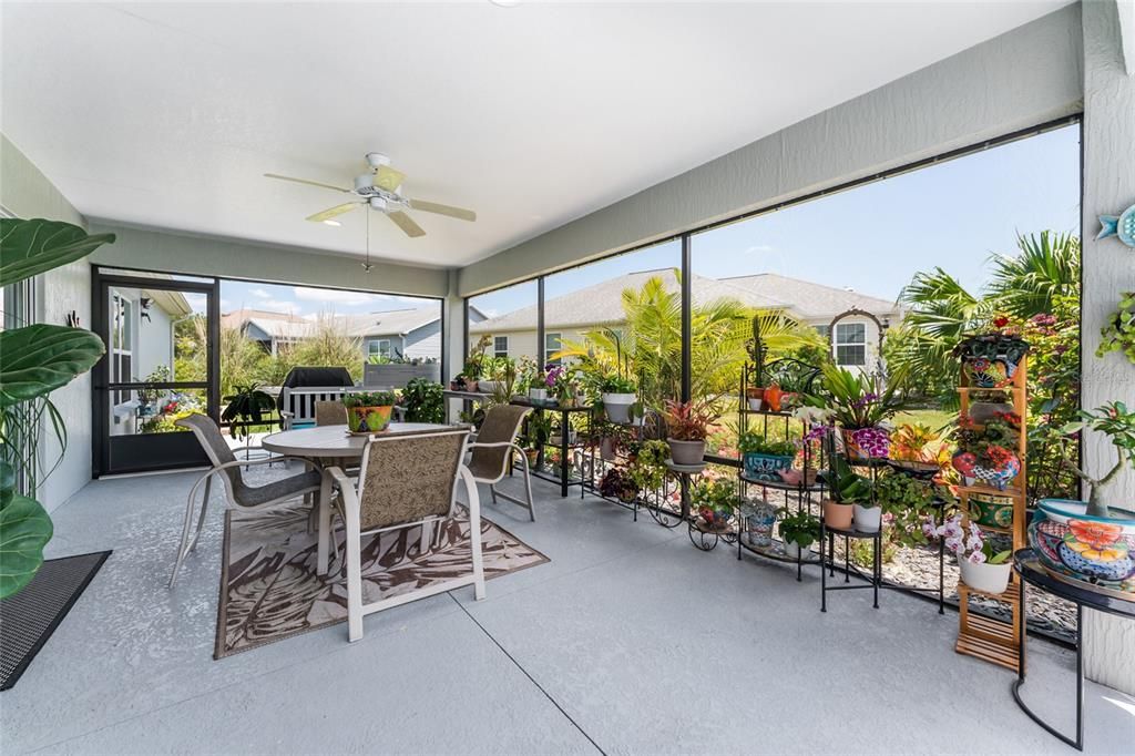 SCREEN ENCLOSED LANAI view showcases the owner's green thumb & love of plants! This is also the perfect place for alfresco dining during the balmy Florida winters.