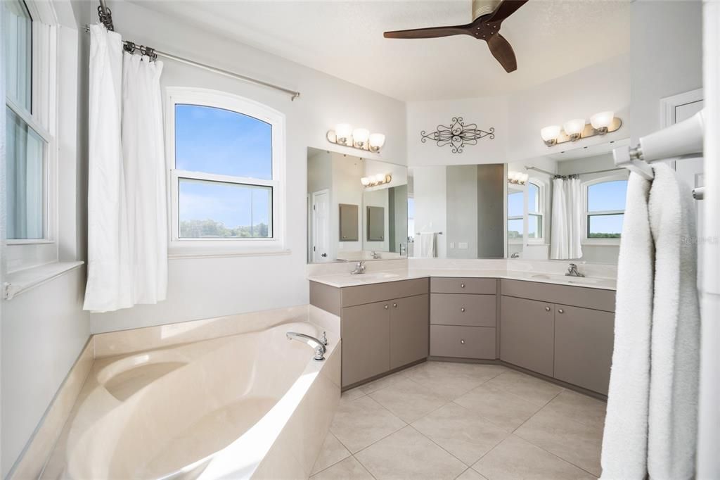 Primary bathroom looking from shower.