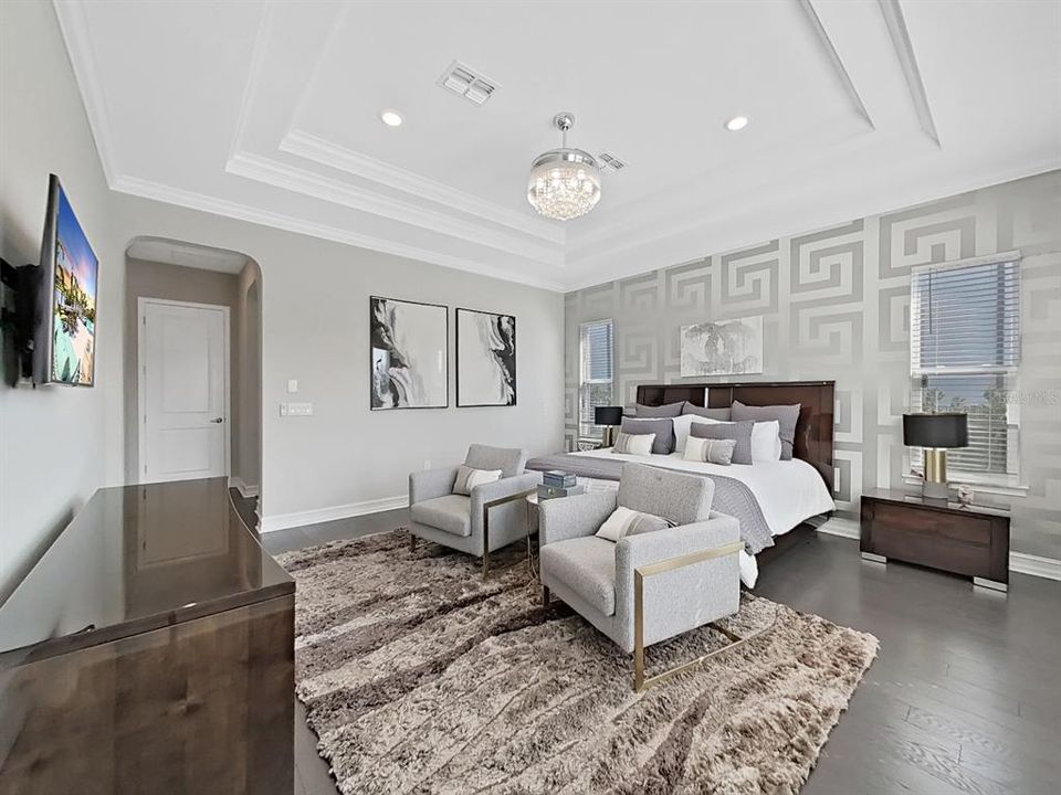 Owner's suite includes double tray ceiling with chandelier fan