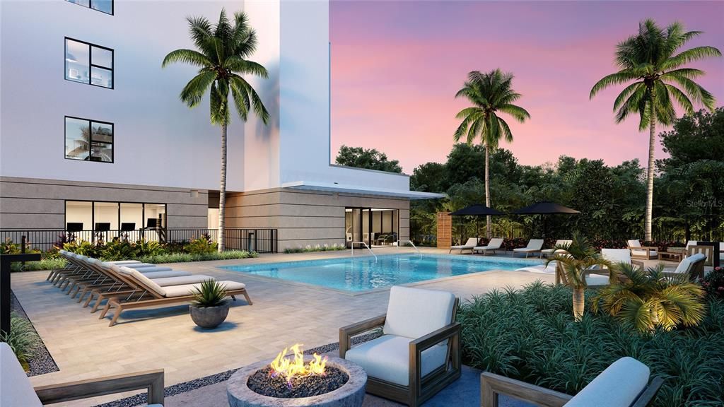 Saltwater Pool and Fire Pit at Dusk