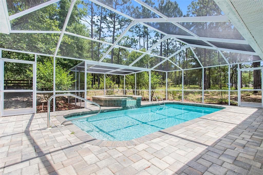Dive into the sparkling pool year-round. Relax in the private screened enclosure with a cascading jacuzzi & stylish pavers.