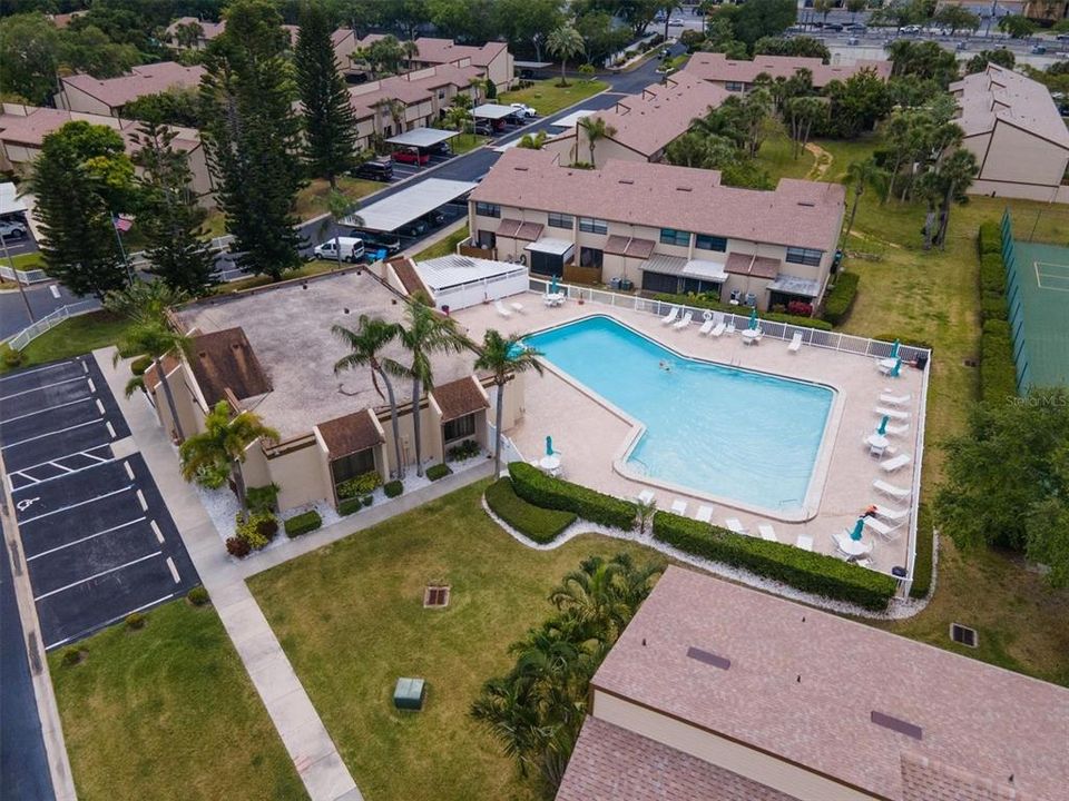 aerial of the clubhouse and pool; mailboxes are inside the clubhouse, which is locked, need a key to get in; you can also rent the area for events