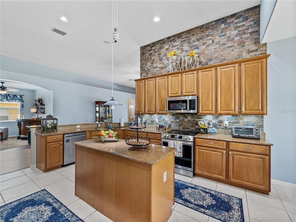 Stone accent wall in kitchen