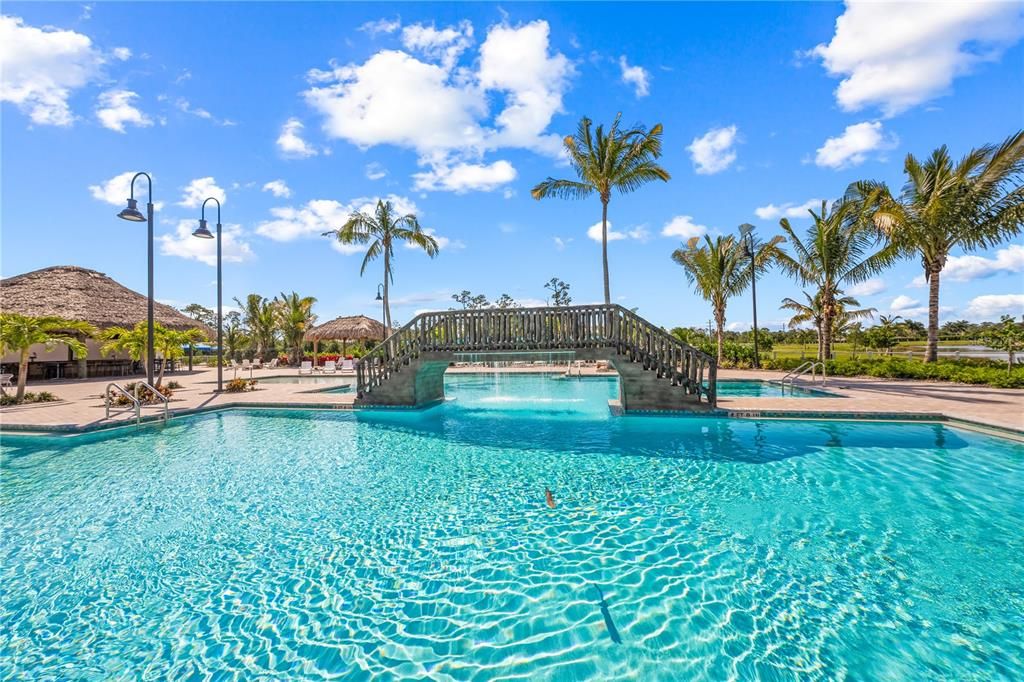 Decorative bridge over resort pool