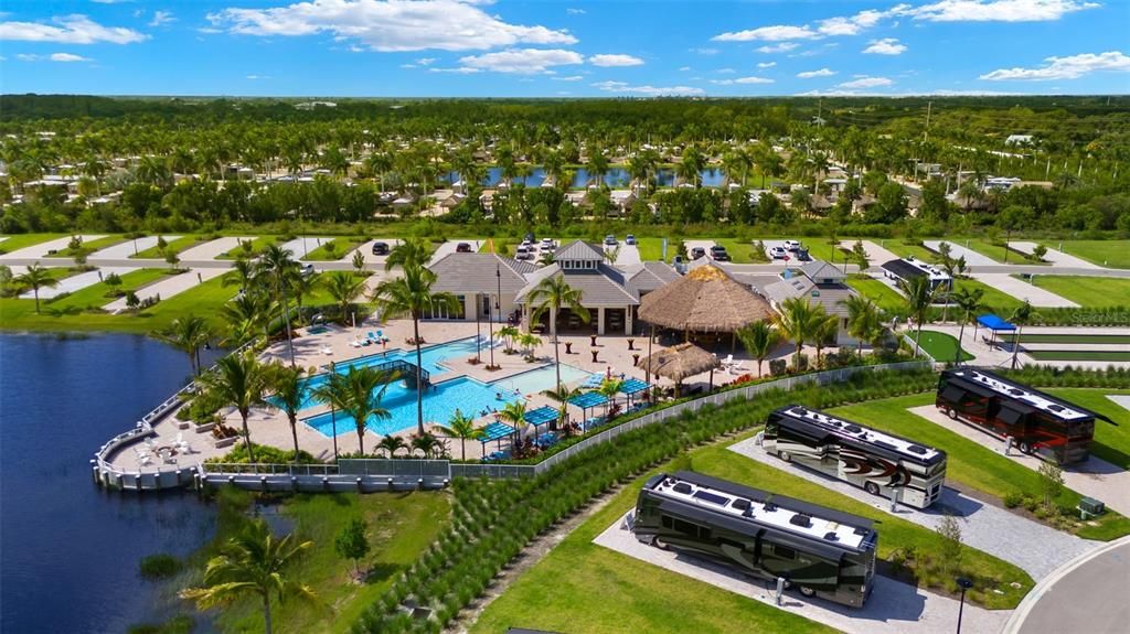 Aerial view of clubhouse, pool, and RV parking.