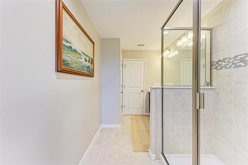 Walk-in shower with decorative tile