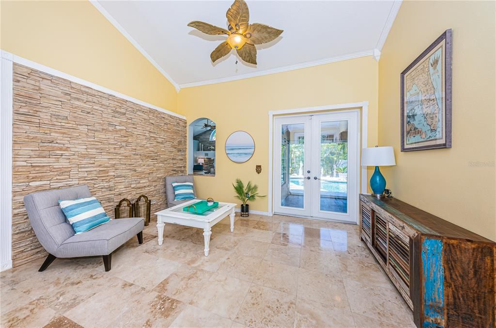 Travertine flooring and volume ceilings!