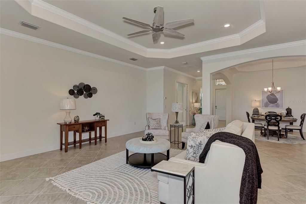 Great room with tray ceilings
