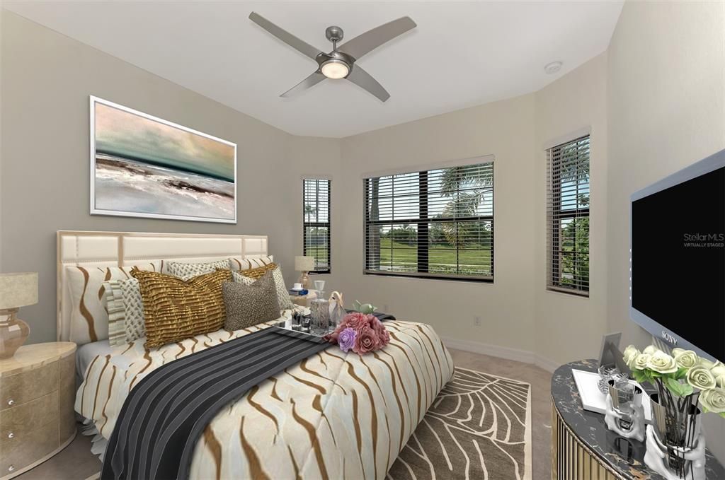 The guest bedroom is virtually staged in this ohoto but holds a king bed, dresser and chair